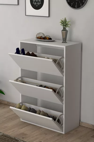 3-Door Sliding Shelf White Shoe Cabinet