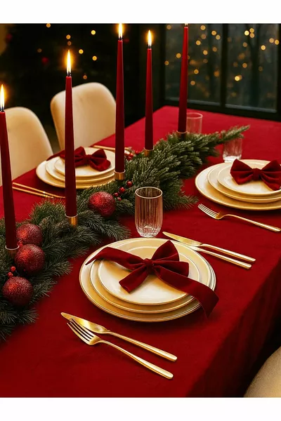 Скатерть красного цвета с бархатной текстурой