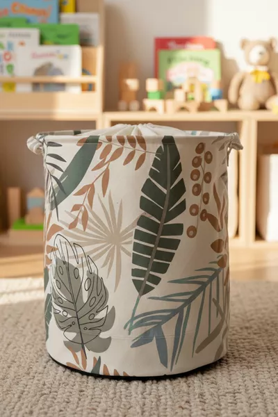 سلة تخزين قابلة للطي للأطفال بغلاف شبكي بنقشة أوراق للملابس المتسخة وألعاب غرفة الأطفال 