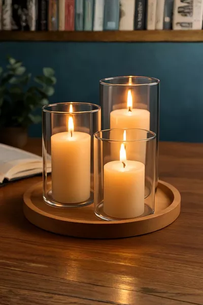 Комплект от 3 стъклени свещника с цилиндрична форма, декоративен комплект от три стъклени свещника, модерен комплект стъклени свещници