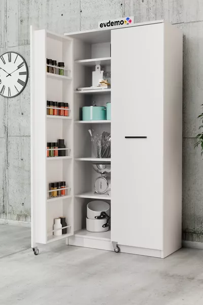 خزانة مطبخ بيضاء ببابين لتخزين المواد الغذائية