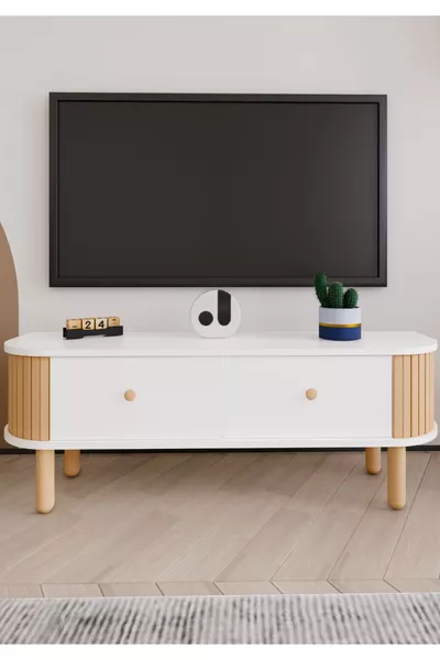 Meuble TV Weltwood Berlin en MDF, lattes de hêtre, style bohème, élégant, moderne et durable avec pieds