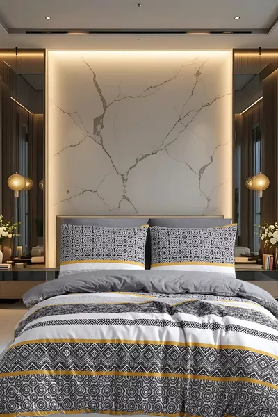 Двуспальный комплект постельного белья с простыней на резинке и хлопковым пододеяльником | Полный комплект с желтыми деталями