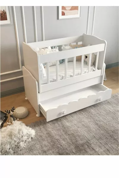 Wooden Cradle with Drawer, Rocking Side Bed for Baby, White