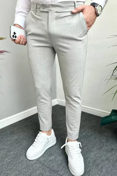 بنطال رجالي رمادي ضيق من قماش مطاطي ليكرا
