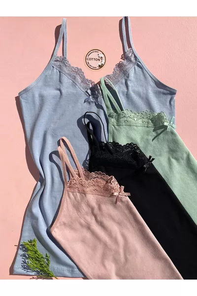 Canottiere donna con spalline in cotone elasticizzato, pacco da 4: nero, rosa, verde, blu con scollo a V