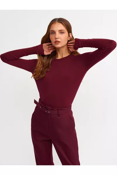  سترة برقبة دراجة بكم متوسط ومزينة بالقطرة - خمري