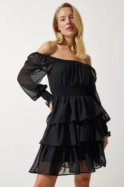 فستان نسائي شيفون أسود مع كشكش 