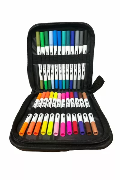 -Piece Dual-Ended Brush and 0.4mm Fine Tip Marker Pen Set, Leather-Style Wallet Pen Set Pro