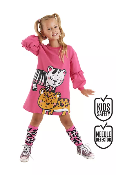 فستان فتاة صغير بنقشة الفهد والحمار الوحشي مع أكمام منفوخة وردي