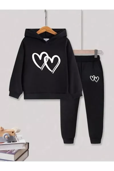 Girls' Black Interlocking Hearts Printed Tracksuit