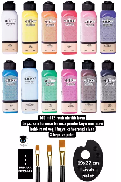 Комплект  броя акрилни бои  мл с 3 четки и голяма черна палитра за рисуване върху дърво