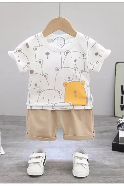 مرحبا أطقم شورت صيفية للأطفال والرضع من القطن بنقشة الدببة باللون الطوبي