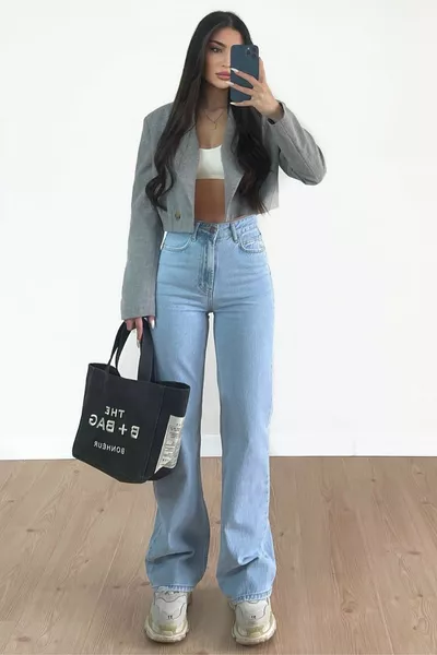 بنيلوبو جينز بوز أزرق جليدي بقصة عالية جدًا وواسعة من التسعينات ليكرا، بنطلون بالازو واسع