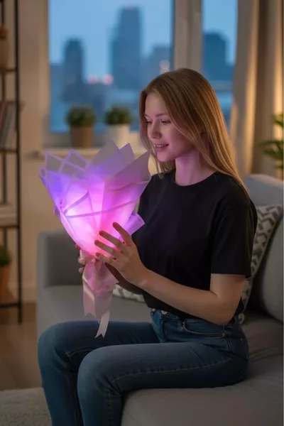 Букет с розови пеперуди с LED светлини, опакован в розово, декоративен подарък за майка, любима, приятел