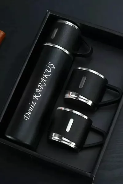 ترمس من الفولاذ المقاوم للصدأ باسم شخصي مع طقم ترمس من 3 أكواب مع حقيبة كهدية