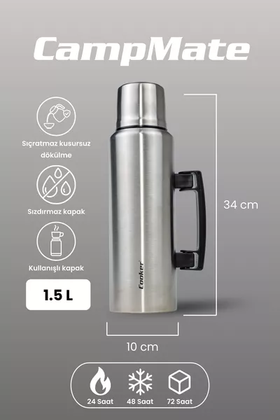  ترمس مزدوج الطبقات بسعة 1.5 لتر فضي، يحتفظ بالحرارة لمدة  ساعة، والبرودة لمدة  ساعة، ومثلج لمدة  ساعة للتخييم والسفر