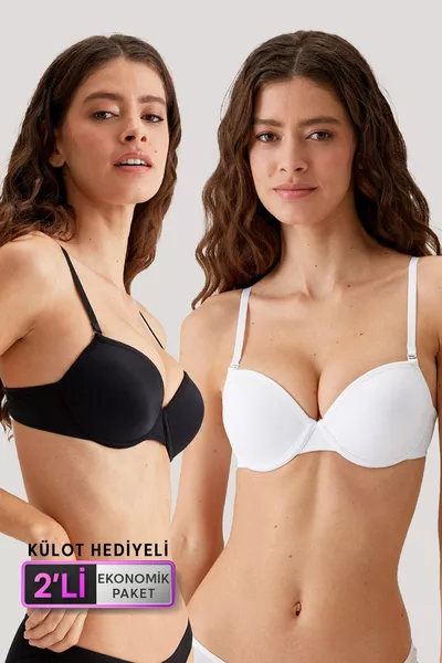 طقم اقتصادي مكوّن من قطعتين، أسود وأبيض  مدريد، حمالة صدر ميكرو بدون حشوة مع دعم بالبالات، مع شورت هدية