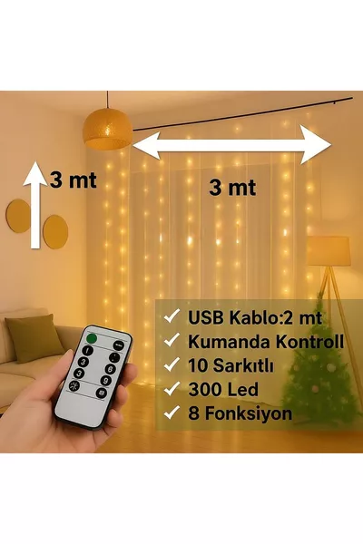 Ledli  Sarkıtlı Perde Led Işık 8 Fonksiyon Uzaktan Kumandalı  Metre