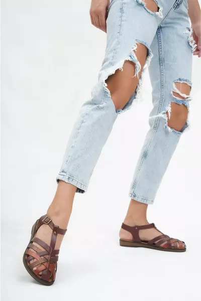 Hakiki Deri Kahverengi Twinkle-3 Kadın Deri Sandalet 