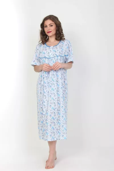 Women's Blue Short Sleeve Patterned Cotton Nightgown