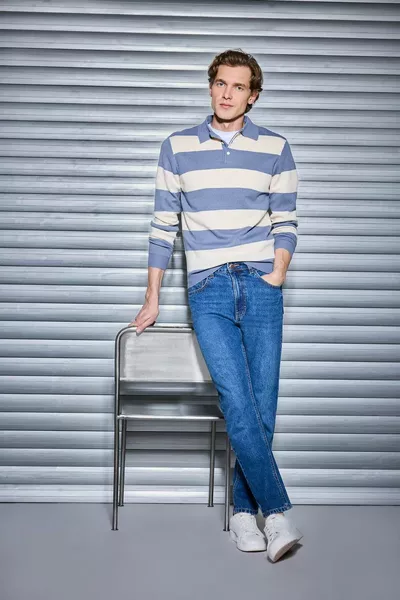 Standard Fit Regular Cut Striped Polo Neck Knit Sweater WN