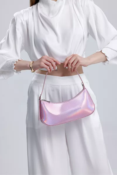 حقيبة كتف نسائية باللون الوردي بنقشة الثعبان المصنوع من الجلد الاصطناعي الهولوجرام