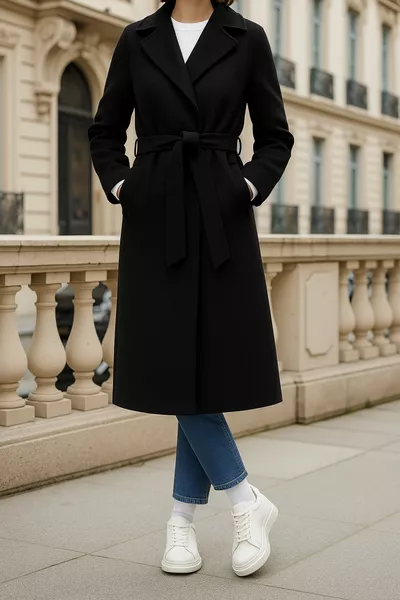 Arched Knee-Length Wool Women's Coat with Pockets Black