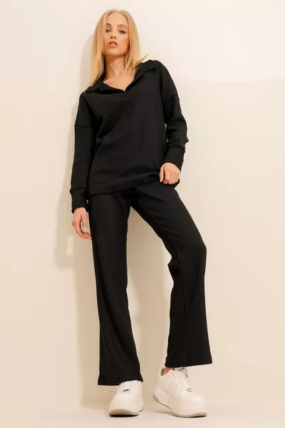 Women's Black Polo Neck Top and Palazzo Pants Knit Two-Piece Set 