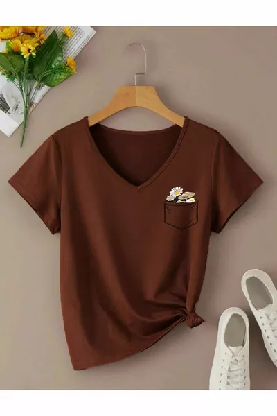 Футболка с V-образным вырезом, базовая, с цветочным принтом, хлопковая (стандартного кроя)