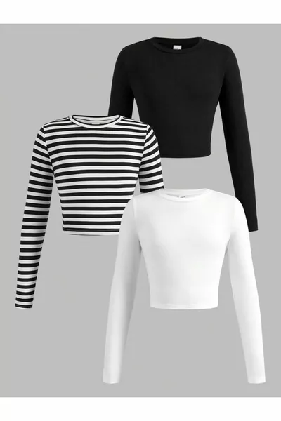 بلوزة قصيرة نسائية مصنوعة من قماش كاشكور مع رقبة دائرية ضيقة، عبوة من 3 قطع