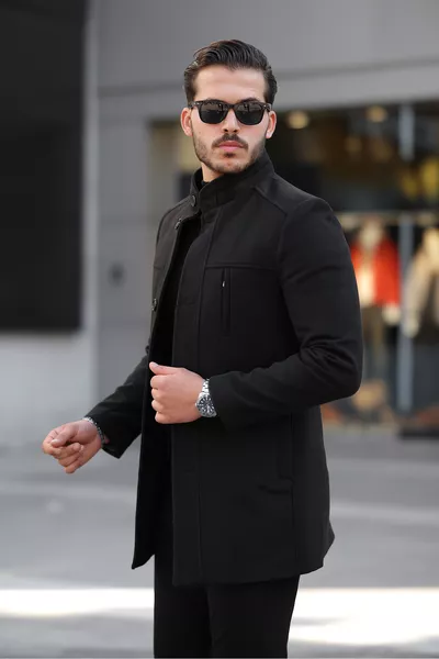 Heren Losvallende Winddichte Lange Zwarte Kasjmier Jas met Knoopsluiting