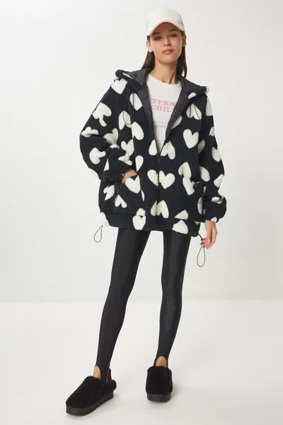 Hooded Heart Plush Jacket BLACK WHITE 