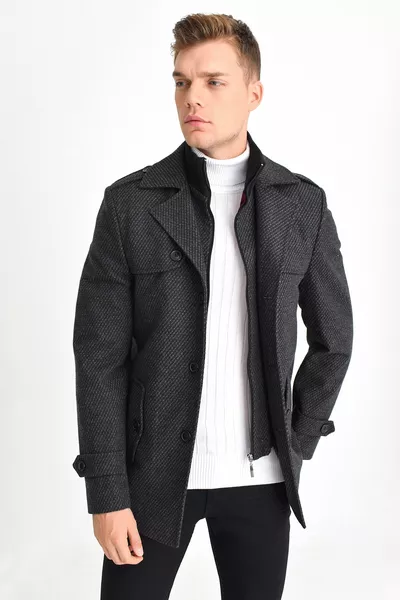 Heren mantel van antracietkleurig wolmengsel met patroon, ritssluiting en knoopsluiting