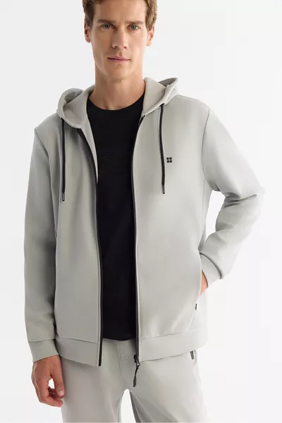Мужской свитшот с капюшоном серого цвета из интерлоковой ткани на молнии, базовый, обычного кроя 