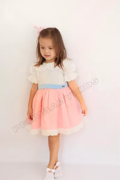 Roze Blauw Jurkje met Strik en Korte Mouwen voor Meisjes - Candy