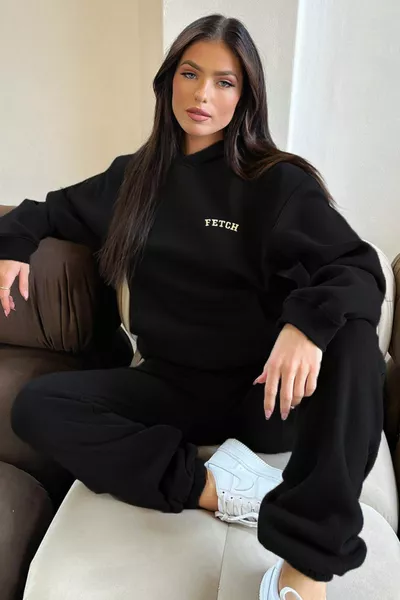 Fetch Tracksuit Set Sweatshirt Jogger - Black Printed Oversized Fleece Hoodie