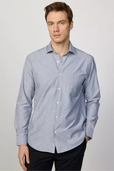 Classic Fit Long Sleeve Thin Striped Cotton Collar Shirt for Men in Gray