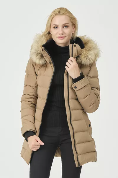 Damesjas met afneembare capuchon en nepwollen kraag, pufferjas Yasmin K.beige