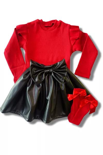 مجموعة جوارب مع تنورة جلدية وبلوزة حمراء بحمالات وأكتاف مكشكشة لفتيات الأطفال