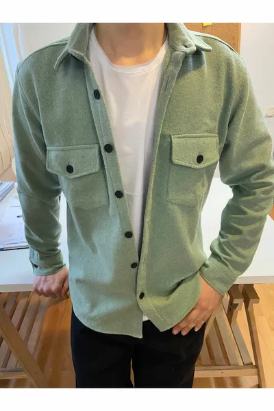 Su Yeşili Erkek Slim Fit Düğmeli Yaka Çift Cepli Düz Oduncu Gömlek