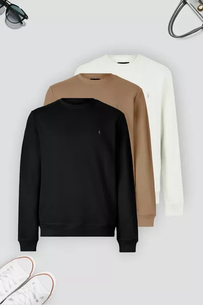 سويت شيرت رجالي بثلاثة ألوان: كراميل-أسود-أوف وايت، بياقة دائرية أساسية