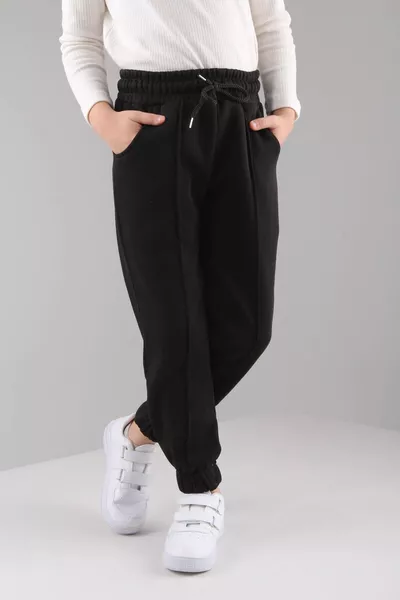Elastic Waist, Lined with Fleece, Pocketed, Comfortable Unisex Kids Sweatpants Black