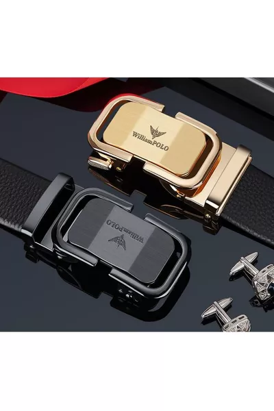 حزام رجالي جلد طبيعي فاخر من ويليام بولو بمشبك معدني رمادي غامق