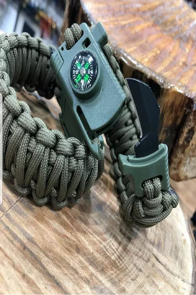 Мужской зеленый браслет с ножом, компасом, огнивалом, магнием и сигнальным свистком