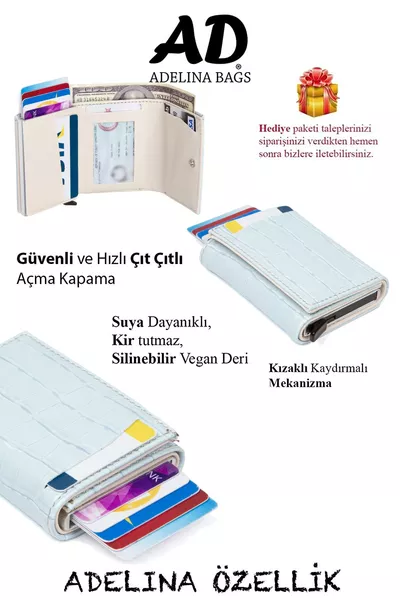 Porte-cartes automatique à glissière avec mécanisme en crocodile bleu Adelina