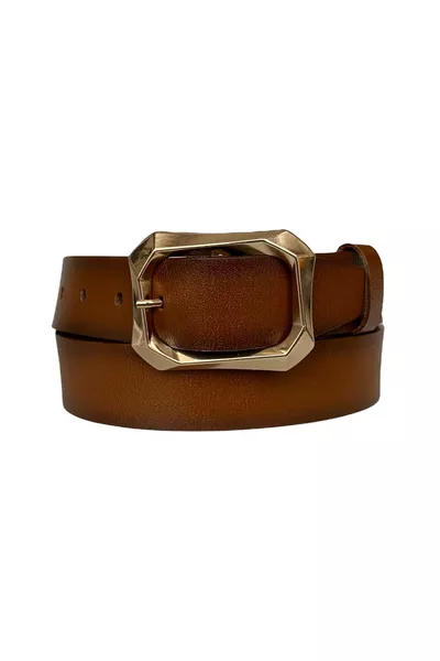 % Vera Pelle, Cintura Sportiva da Donna in Jeans Marrone con Fibbia Dorata 4 cm=