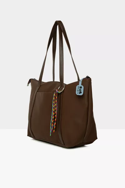 Braune Damen Satin Tote Tasche mit bunten Quasten-Details 