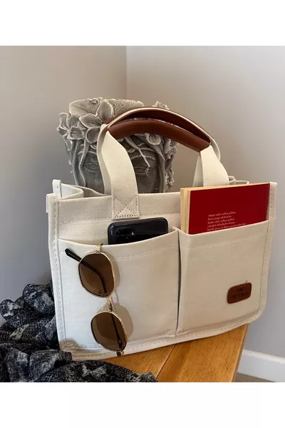 Damen Canvas Stoff Weiß Farbe Zwei Stück Vordertaschen Tote Bag Bedruckte Hand- und Umhängetasche