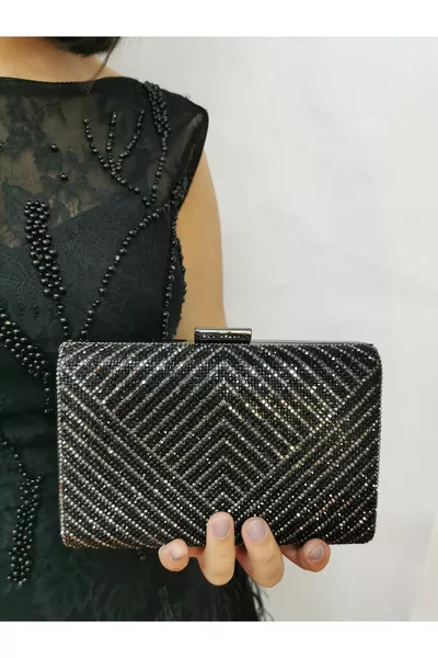 Women's Black Stone Evening Clutch Bag for Parties, Weddings, and Engagements